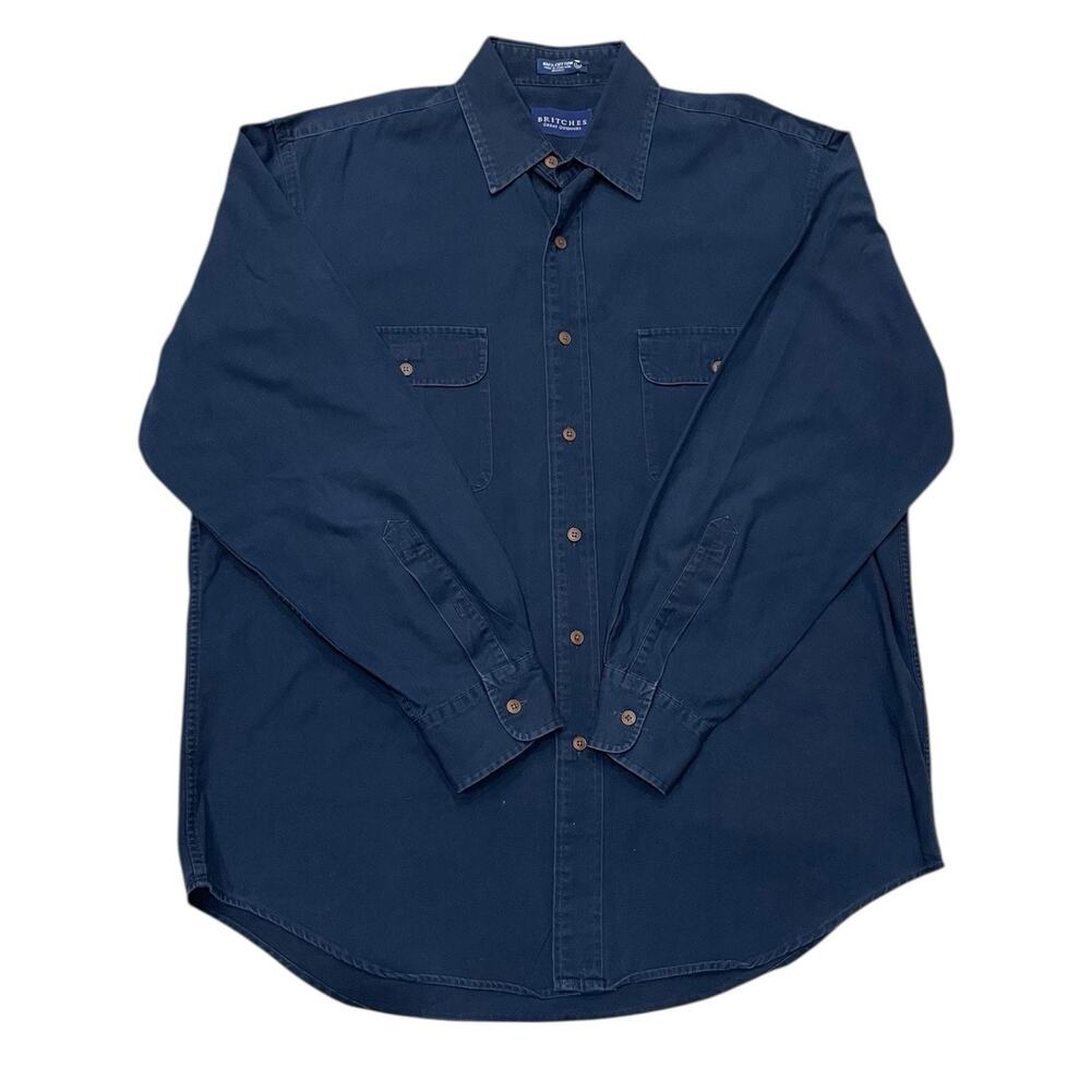 Vintage Britches Shirt Mens L Large 100% Cotton Button Up Blue 90s Canvas